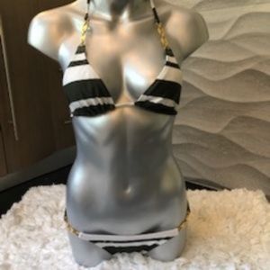 VIX Bikini Olive/White Stripes w/gold chain trim,S